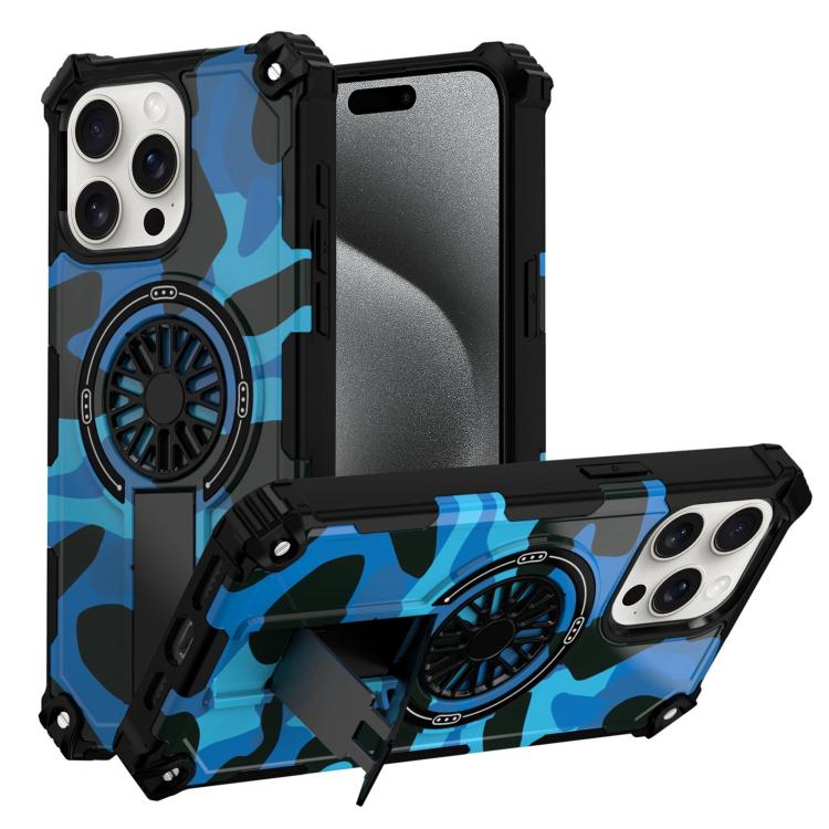 

For iPhone 15 Pro Max Camouflage Kickstand Rotating Shaft MagSafe Phone Case(Blue Camouflage)