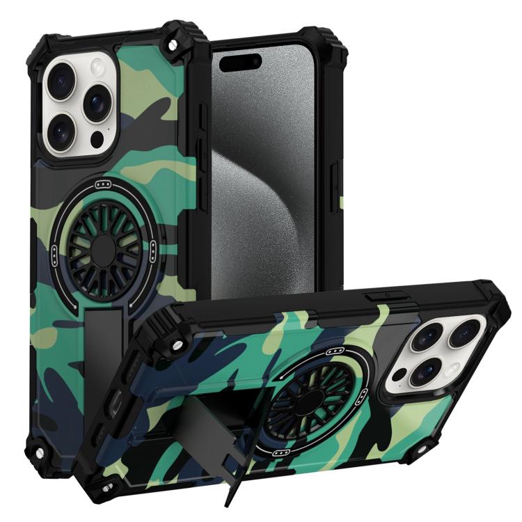 

For iPhone 15 Pro Camouflage Kickstand Rotating Shaft MagSafe Phone Case(Green Camouflage)