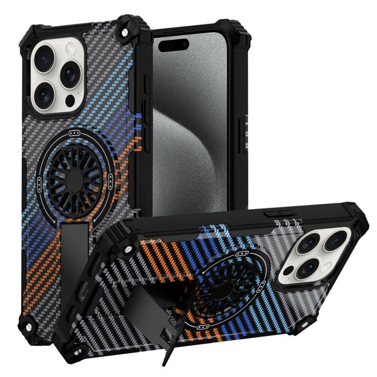 

For iPhone 15 Pro Camouflage Kickstand Rotating Shaft MagSafe Phone Case(Carbon Fiber Rainbow)