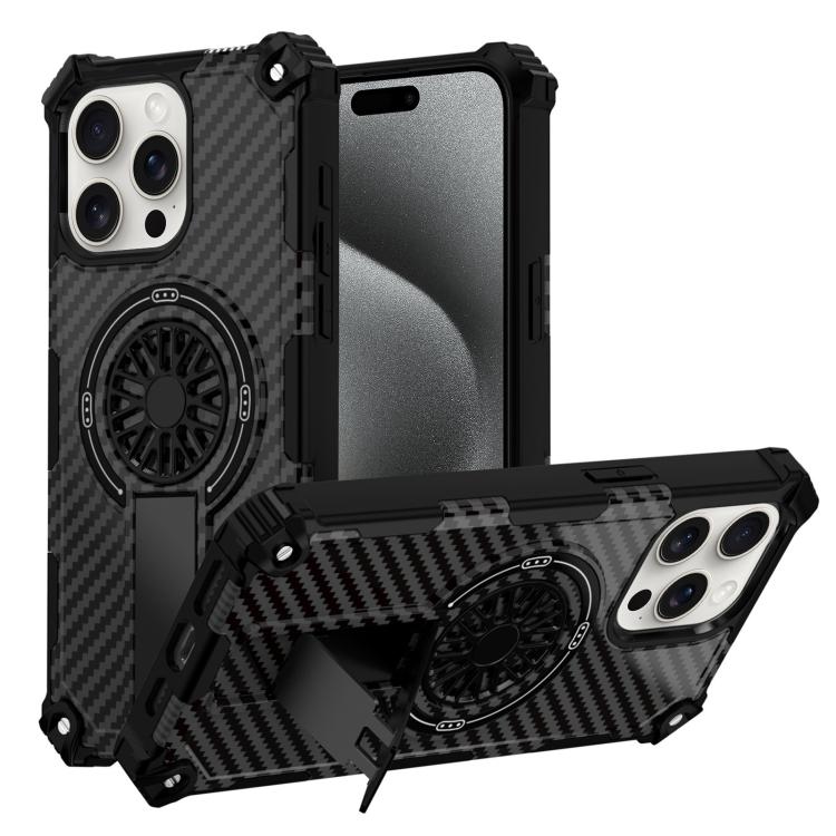 

For iPhone 15 Pro Camouflage Kickstand Rotating Shaft MagSafe Phone Case(Carbon Fiber Black)