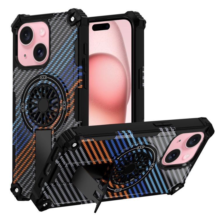 

For iPhone 15 Plus Camouflage Kickstand Rotating Shaft MagSafe Phone Case(Carbon Fiber Rainbow)