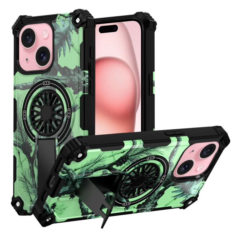 

For iPhone 15 Camouflage Kickstand Rotating Shaft MagSafe Phone Case(Bright Green Branches)