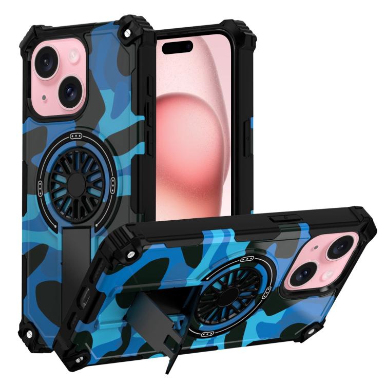 

For iPhone 15 Camouflage Kickstand Rotating Shaft MagSafe Phone Case(Blue Camouflage)