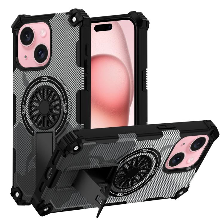 

For iPhone 15 Camouflage Kickstand Rotating Shaft MagSafe Phone Case(Carbon Fiber Grey)