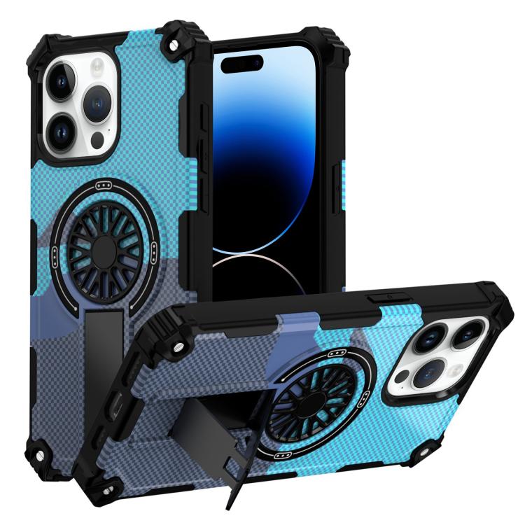 

For iPhone 14 Pro Max Camouflage Kickstand Rotating Shaft MagSafe Phone Case(Carbon Fiber Sky Blue)