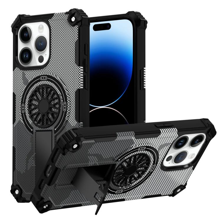 

For iPhone 14 Pro Max Camouflage Kickstand Rotating Shaft MagSafe Phone Case(Carbon Fiber Grey)