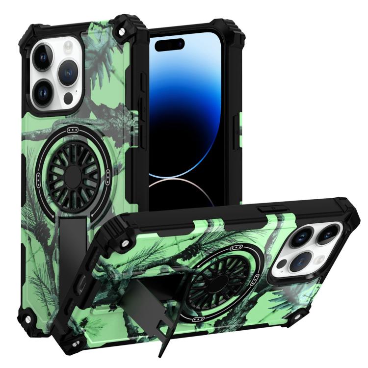 

For iPhone 14 Pro Camouflage Kickstand Rotating Shaft MagSafe Phone Case(Bright Green Branches)