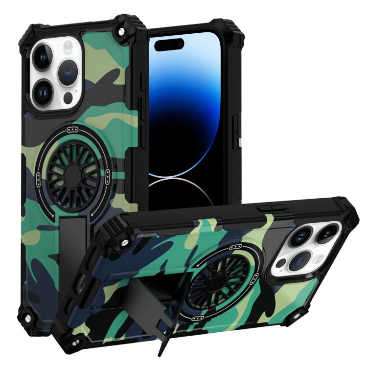 

For iPhone 14 Pro Camouflage Kickstand Rotating Shaft MagSafe Phone Case(Green Camouflage)