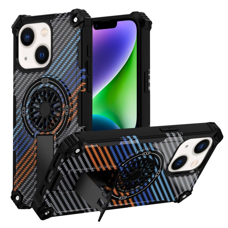 

For iPhone 14 Plus Camouflage Kickstand Rotating Shaft MagSafe Phone Case(Carbon Fiber Rainbow)