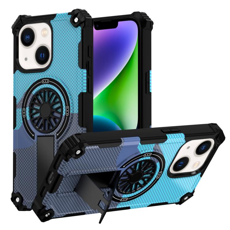

For iPhone 14 Plus Camouflage Kickstand Rotating Shaft MagSafe Phone Case(Carbon Fiber Sky Blue)