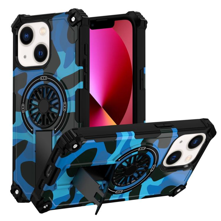

For iPhone 14 / 13 Camouflage Kickstand Rotating Shaft MagSafe Phone Case(Blue Camouflage)