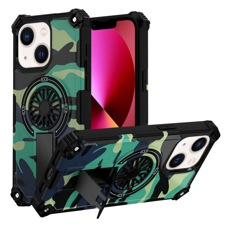 

For iPhone 14 / 13 Camouflage Kickstand Rotating Shaft MagSafe Phone Case(Green Camouflage)