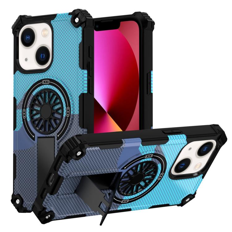 

For iPhone 14 / 13 Camouflage Kickstand Rotating Shaft MagSafe Phone Case(Carbon Fiber Sky Blue)