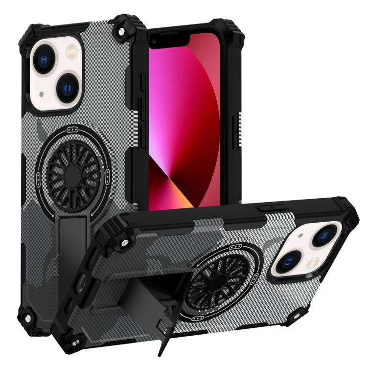 

For iPhone 14 / 13 Camouflage Kickstand Rotating Shaft MagSafe Phone Case(Carbon Fiber Grey)