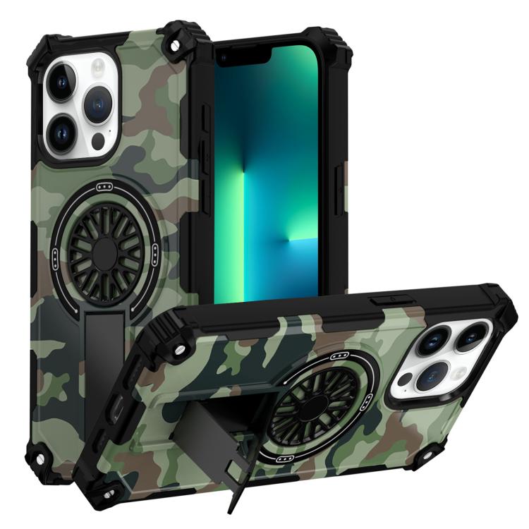 

For iPhone 13 Pro Max Camouflage Kickstand Rotating Shaft MagSafe Phone Case(Army Green Camouflage)