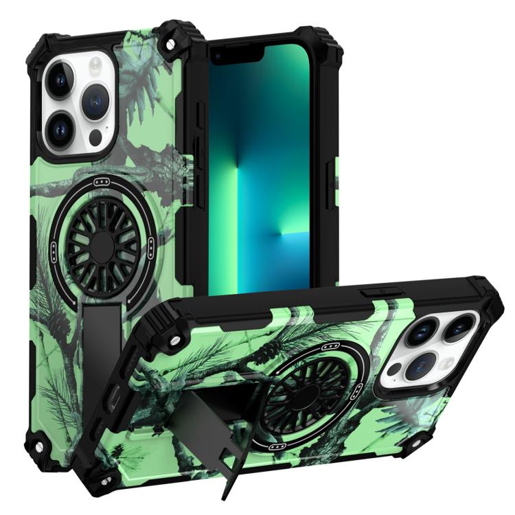 

For iPhone 13 Pro Max Camouflage Kickstand Rotating Shaft MagSafe Phone Case(Bright Green Branches)