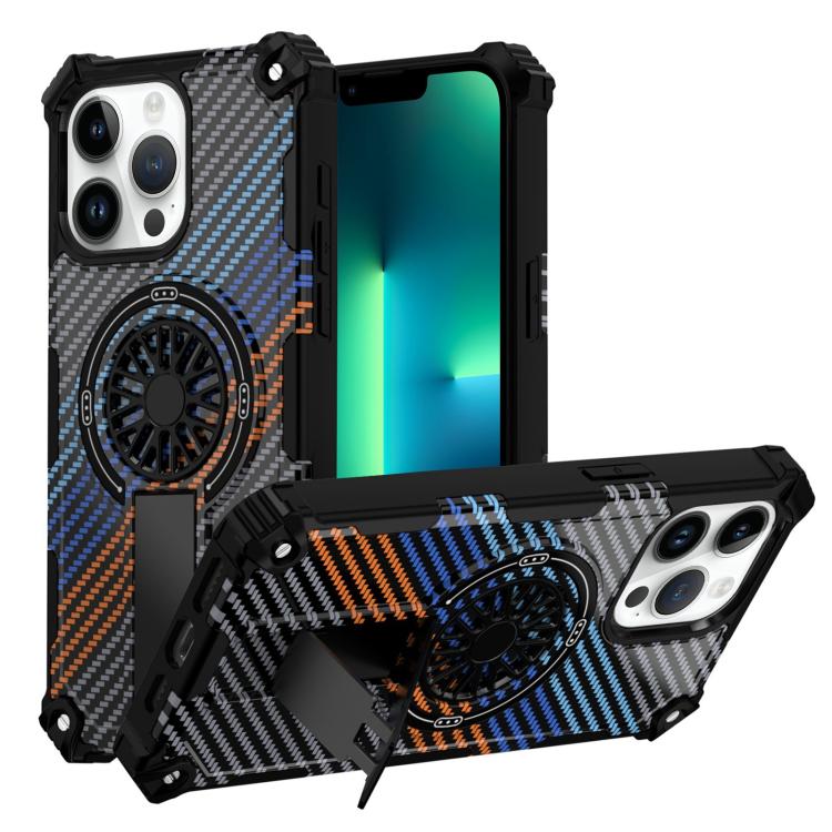 

For iPhone 13 Pro Max Camouflage Kickstand Rotating Shaft MagSafe Phone Case(Carbon Fiber Rainbow)