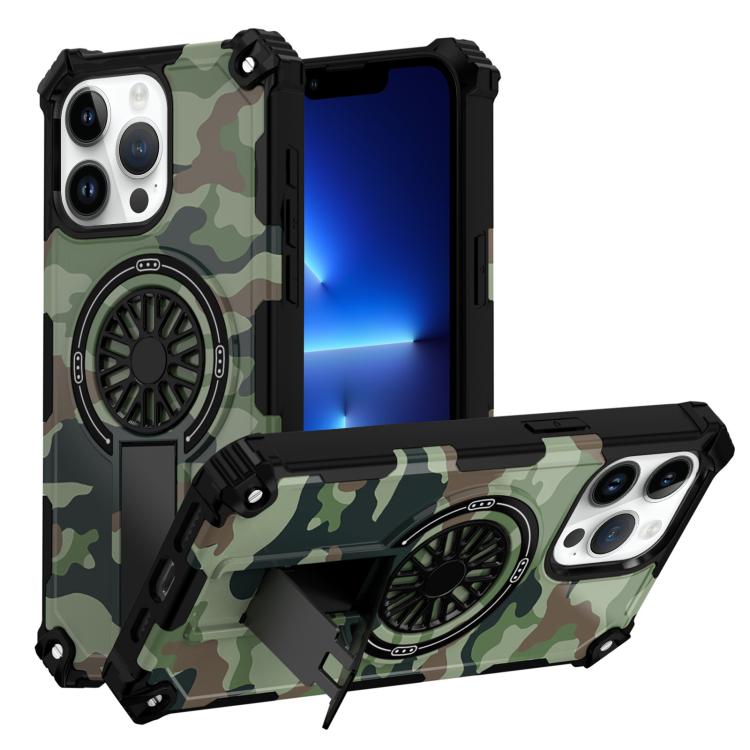 

For iPhone 13 Pro Camouflage Kickstand Rotating Shaft MagSafe Phone Case(Army Green Camouflage)