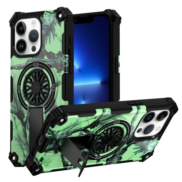 

For iPhone 13 Pro Camouflage Kickstand Rotating Shaft MagSafe Phone Case(Bright Green Branches)