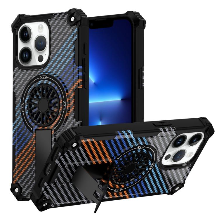 

For iPhone 13 Pro Camouflage Kickstand Rotating Shaft MagSafe Phone Case(Carbon Fiber Rainbow)