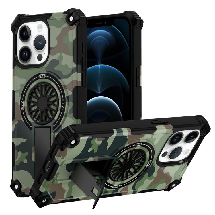 

For iPhone 12 Pro Max Camouflage Kickstand Rotating Shaft MagSafe Phone Case(Army Green Camouflage)