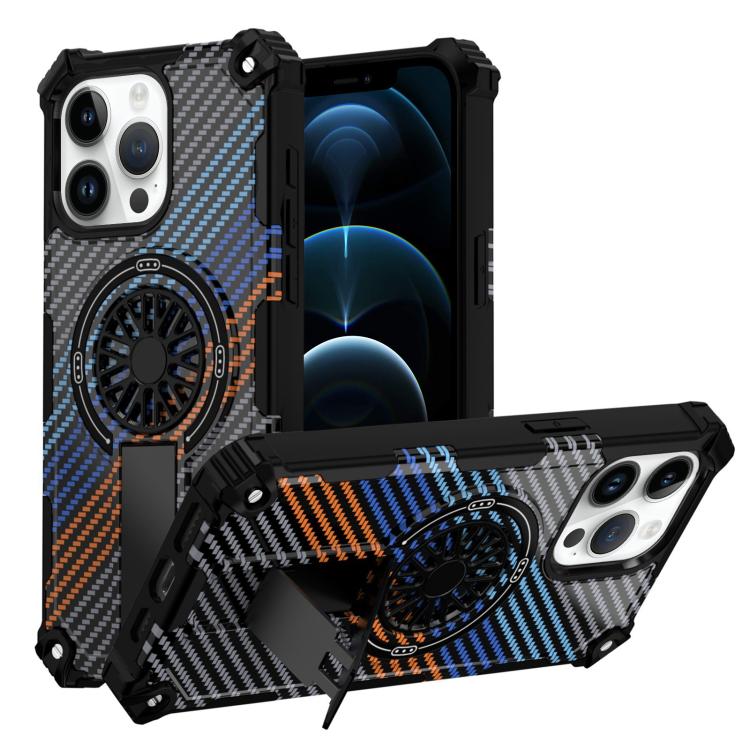 

For iPhone 12 Pro Max Camouflage Kickstand Rotating Shaft MagSafe Phone Case(Carbon Fiber Rainbow)