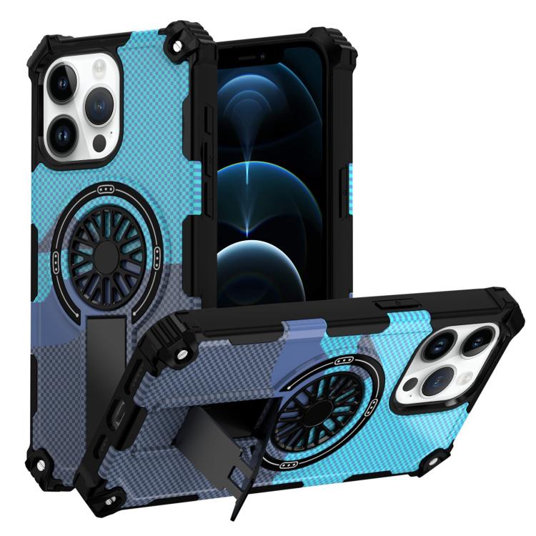 

For iPhone 12 Pro Max Camouflage Kickstand Rotating Shaft MagSafe Phone Case(Carbon Fiber Sky Blue)