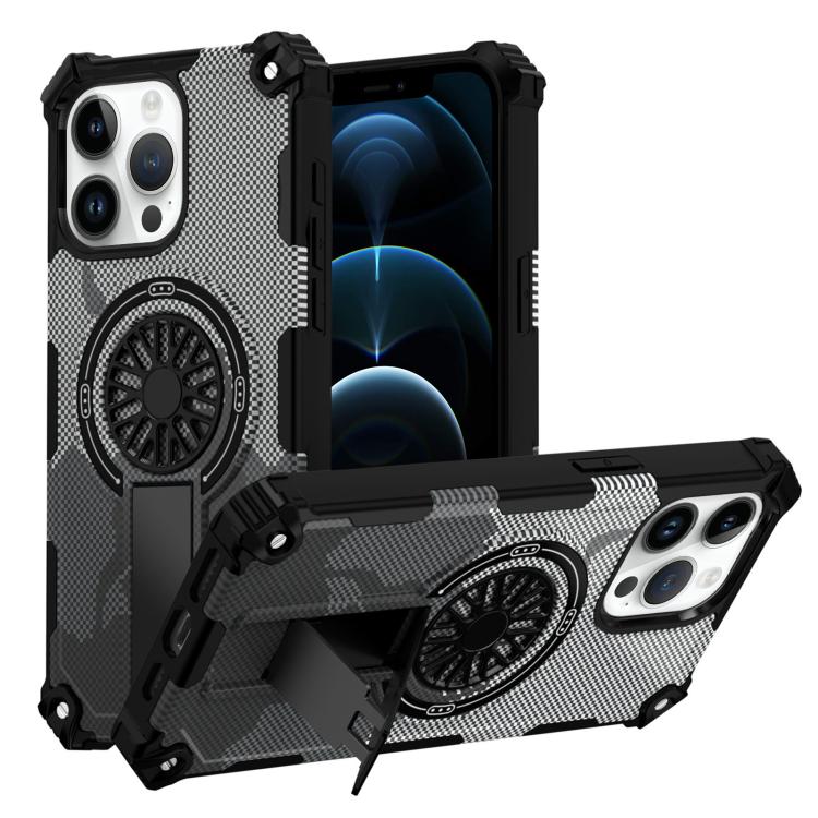 

For iPhone 12 Pro Max Camouflage Kickstand Rotating Shaft MagSafe Phone Case(Carbon Fiber Grey)