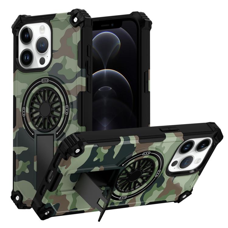 

For iPhone 12 / 12 Pro Camouflage Kickstand Rotating Shaft MagSafe Phone Case(Army Green Camouflage)
