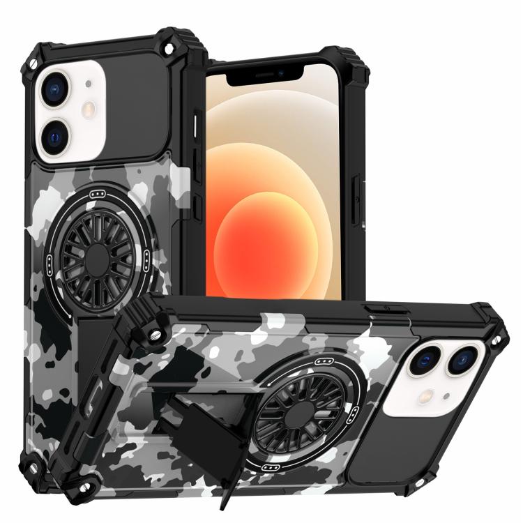 

For iPhone 12 / 12 Pro Camouflage Kickstand Rotating Shaft MagSafe Phone Case(Mint Green Camouflage)