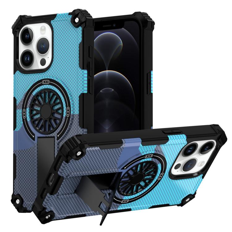

For iPhone 12 / 12 Pro Camouflage Kickstand Rotating Shaft MagSafe Phone Case(Carbon Fiber Sky Blue)