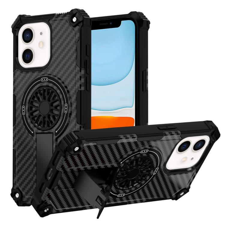 

For iPhone 11 Camouflage Kickstand Rotating Shaft MagSafe Phone Case(Carbon Fiber Black)