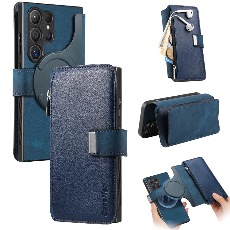 

For Galaxy S25 Ultra 5G CaseNeo MagSafe RFID Anti-theft Zipper Wallet Retro Leather Phone Case(Blue)
