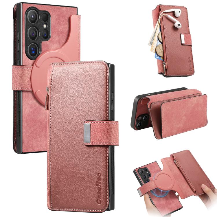 

For Samsung Galaxy S25 Ultra 5G CaseNeo MagSafe RFID Anti-theft Zipper Wallet Retro Leather Phone Case(Pink)
