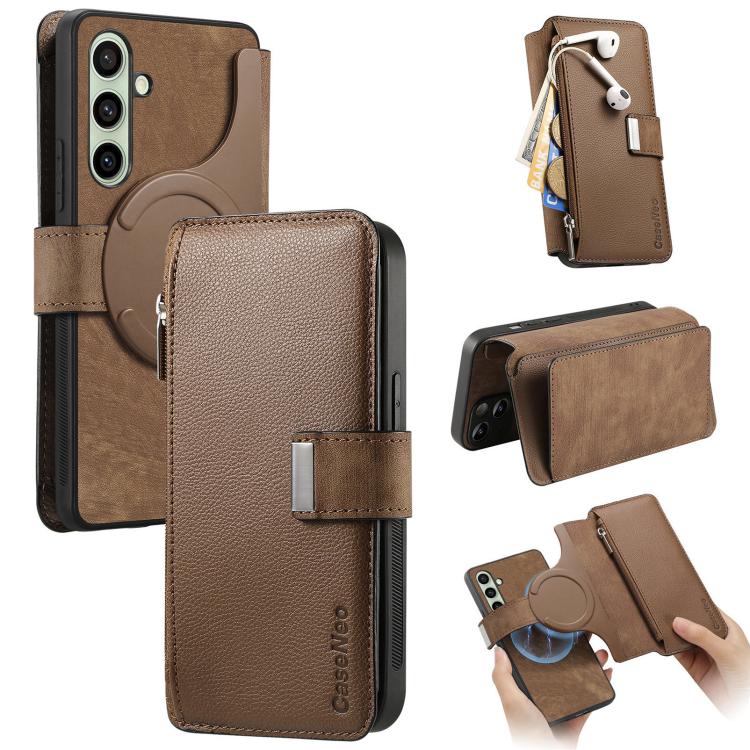 

For Samsung Galaxy S24 FE 5G CaseNeo MagSafe RFID Anti-theft Zipper Wallet Retro Leather Phone Case(Brown)