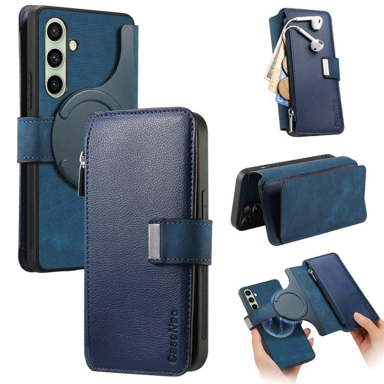 

For Samsung Galaxy S24 FE 5G CaseNeo MagSafe RFID Anti-theft Zipper Wallet Retro Leather Phone Case(Blue)