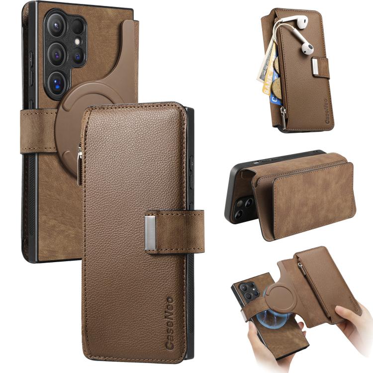 For Galaxy S24 Ultra 5G CaseNeo MagSafe RFID Anti-theft Zipper Wallet Retro Leather Phone Case(Brown)