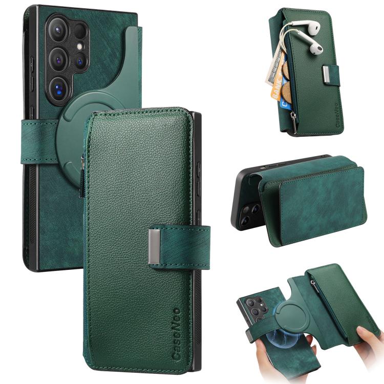 

For Samsung Galaxy S24 Ultra 5G CaseNeo MagSafe RFID Anti-theft Zipper Wallet Retro Leather Phone Case(Green)