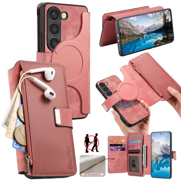 

For Samsung Galaxy S23 5G CaseNeo MagSafe RFID Anti-theft Zipper Wallet Retro Leather Phone Case(Pink)