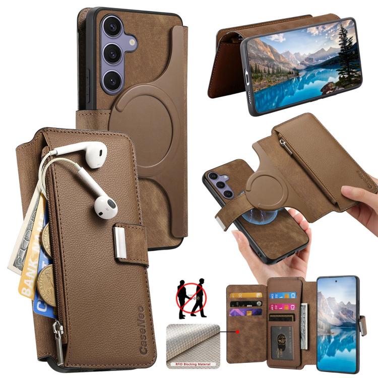 

For Galaxy S25 FE 5G CaseNeo MagSafe RFID Anti-theft Zipper Wallet Retro Leather Phone Case(Brown)