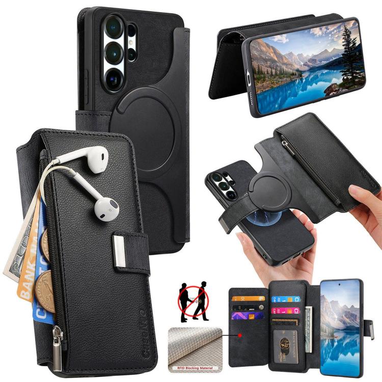

For Samsung Galaxy S26 Ultra 5G CaseNeo MagSafe RFID Anti-theft Zipper Wallet Retro Leather Phone Case(Black)