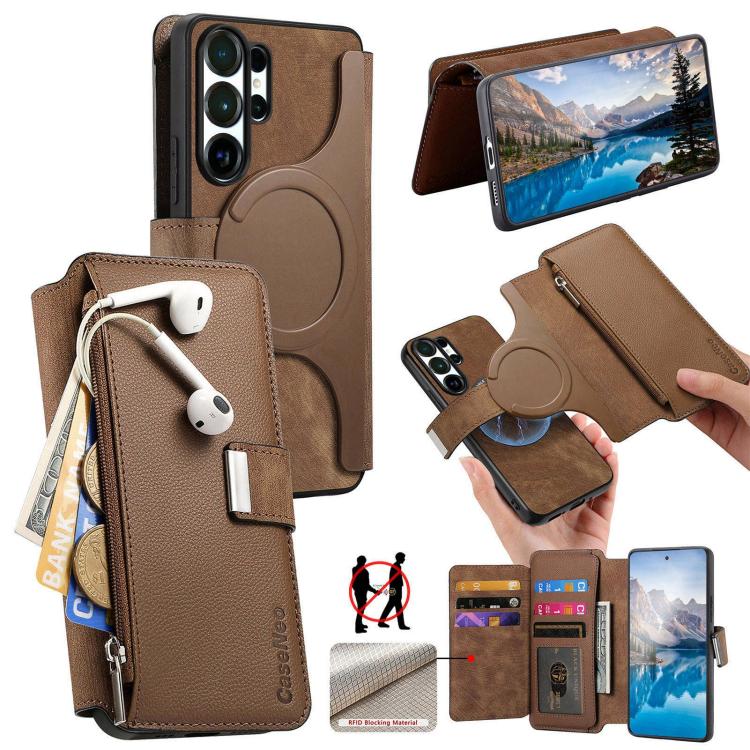 For Galaxy S26 Ultra 5G CaseNeo MagSafe RFID Anti-theft Zipper Wallet Retro Leather Phone Case(Brown)