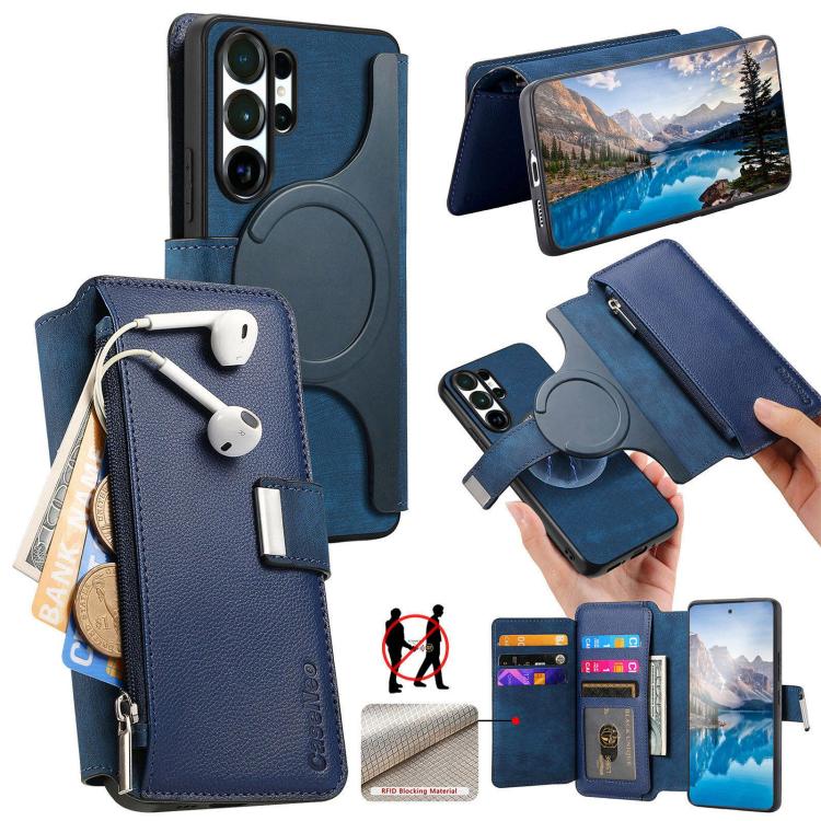 

For Galaxy S26 Ultra 5G CaseNeo MagSafe RFID Anti-theft Zipper Wallet Retro Leather Phone Case(Blue)