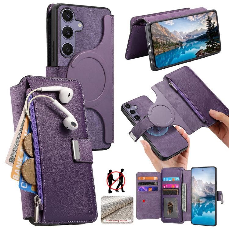 For Galaxy S26+ 5G CaseNeo MagSafe RFID Anti-theft Zipper Wallet Retro Leather Phone Case(Purple)