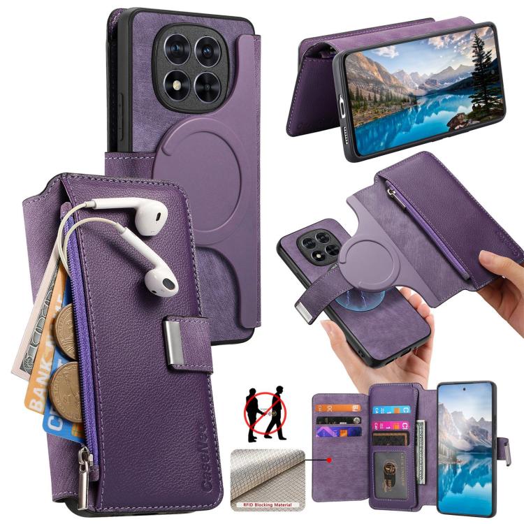 

For Redmi Note 14 Pro 4G CaseNeo MagSafe RFID Anti-theft Zipper Wallet Retro Leather Phone Case(Purple)