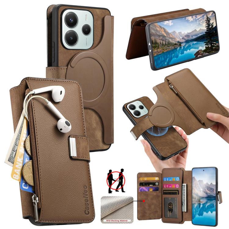 

For Redmi Note 14 4G Global 163.25mm CaseNeo MagSafe RFID Anti-theft Zipper Wallet Retro Leather Phone Case(Brown)