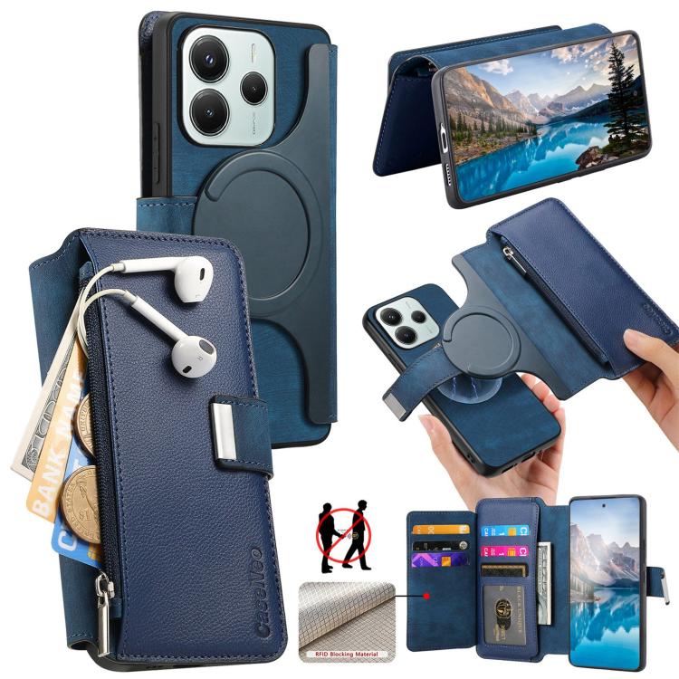 

For Redmi Note 14 4G Global 163.25mm CaseNeo MagSafe RFID Anti-theft Zipper Wallet Retro Leather Phone Case(Blue)