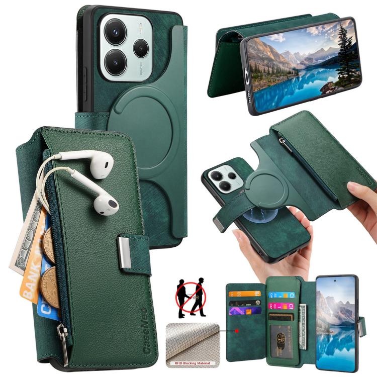 

For Redmi Note 14 4G Global 163.25mm CaseNeo MagSafe RFID Anti-theft Zipper Wallet Retro Leather Phone Case(Green)