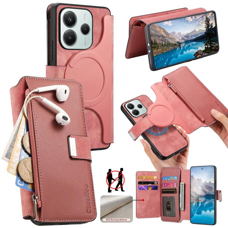 

For Redmi Note 14 4G Global 163.25mm CaseNeo MagSafe RFID Anti-theft Zipper Wallet Retro Leather Phone Case(Pink)