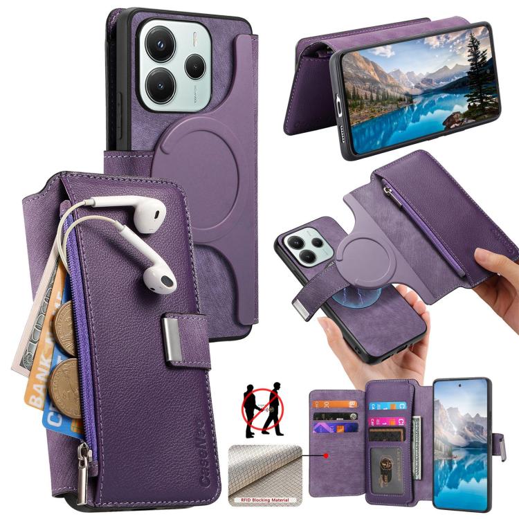

For Redmi Note 14 4G Global 163.25mm CaseNeo MagSafe RFID Anti-theft Zipper Wallet Retro Leather Phone Case(Purple)